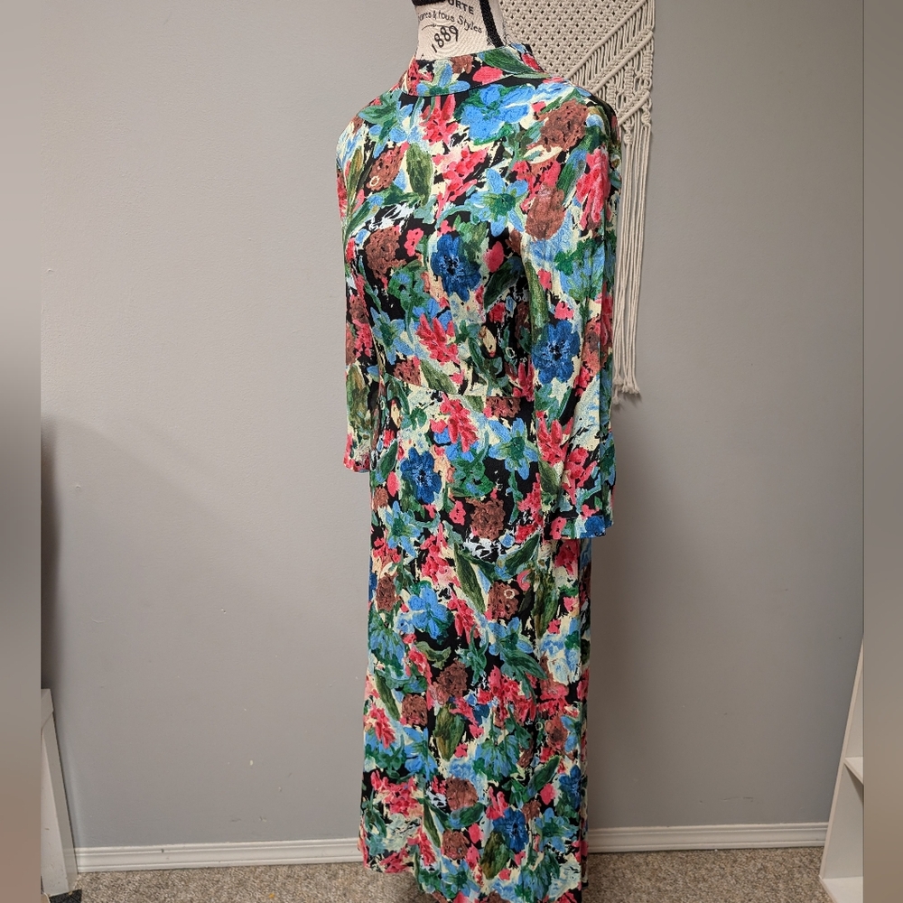 ZARA Floral Midi Dress Watercolor Small 3/4 Sleeve Bow Back Halter High Neck - Picture 3 of 5